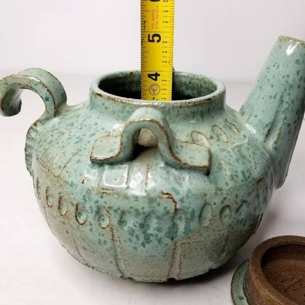 Rare Unique Vintage Art Pottery Green TeaPot , Artist Signed 12/25/75